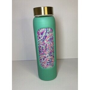 Lilly Pulitzer La Playa and Green Silicone Sleeved Glass Water Bottle Gold Top